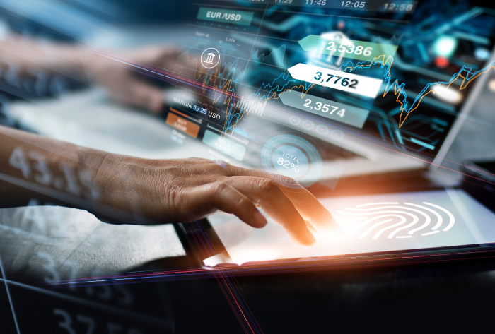 Businessman using fingerprint identification to access personal financial data.