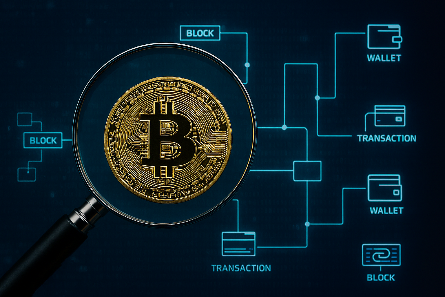 Bitcoin seen through a magnifying glass.